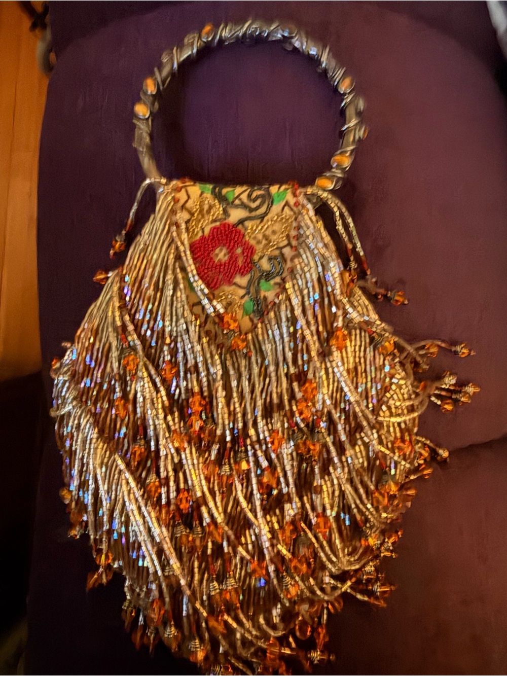 Bagteria Embellished Beaded Gold Fringe Evening Wristlet Bag with OrangeAccents